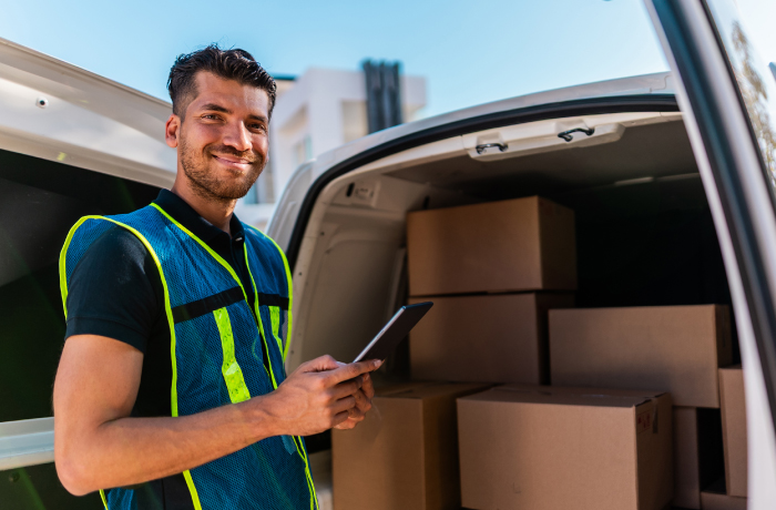 A friendly delivery guy unloading the truck